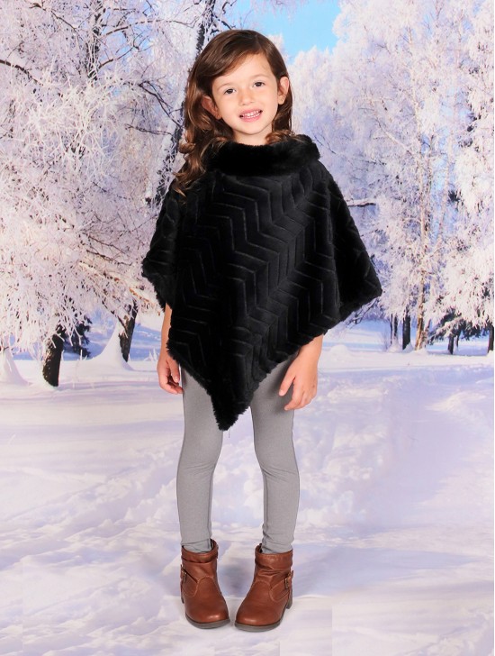 Kids Soft Faux Fur Poncho W/  Zig-zag Pattern and Faux Fur Neckline (3-7 Years Old) 